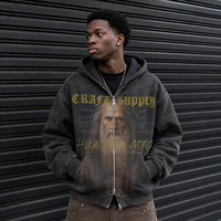 Sweat à capuche zippé boxy personnalisé 380 GSM pour homme, délavage acide, impression DTG, épaules tombantes, fermeture éclair bidirectionnelle, cordon de serrage, poche kangourou, usine OEM ODM