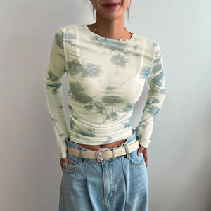 Blusa de Mujer con Estampado Floral de Malla, Cuello Redondo, Ajuste Ceñido, Translúcida, para Uso Diario, Poliéster/Algodón, Transpirable, Manga Ranglán, Casual - Product Image 1