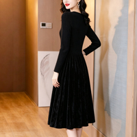 Robe plissée noire unie taille unique pour femme, robe midi à manches longues et col rond, robe décontractée en tissu doux pour usage quotidien, vente en gros