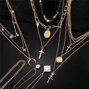 Dropshipping Bohemia Geometric Crystal Star Multilayer Necklace For Women Gold Color Chain Boho Heart Pendant Necklaces Jewelry
