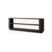 Table basse de luxe RH Mulholland en bois de chêne massif, meuble TV avec piliers verticaux texturés, deux étagères ouvertes, salon moderne