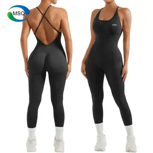 OEM gimnasio alto elástico ajustable correa cruzada Control de barriga una pieza mujeres Yoga Fitness Scrunch trasero Leggings entrenamiento monos