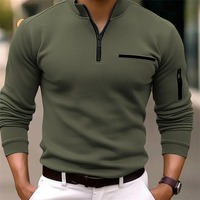2025 nouveau bras fermeture éclair printemps automne loisirs sport solide rayé poche étanche à l'eau enduit Polyester hommes à manches longues Polo chemise