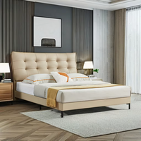 Cama de cuero minimalista italiana, cama principal suave moderna de alta calidad, marco de madera maciza, cama doble lateral al ras