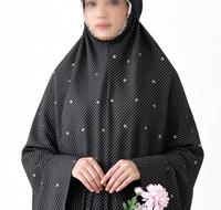 Ensemble Premium Rayon Telekung Mukena avec Bordure en Dentelle, Hijab Abaya Rayé Noir, Robe de Prière pour Femmes Musulmanes avec Sac Pochette Assorti