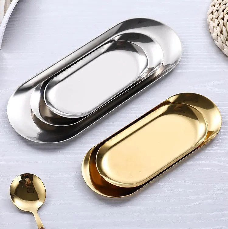 Luxury Nordic Oval Tray Stainless Steel Gold and Silver Wedding Fruit Snack Tray Oval Dining Towel Plates