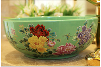 Lavabo de porcelana de estilo europeo artístico de China, lavabo redondo verde con patrón de peonía, lavabo de cerámica a la venta