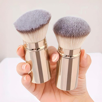 Kuas Rias Wajah Bulu Sintetis Rose Gold, Kuas Foundation, Kuas Kipas Pipih, Gagang Logam untuk Perona Pipi