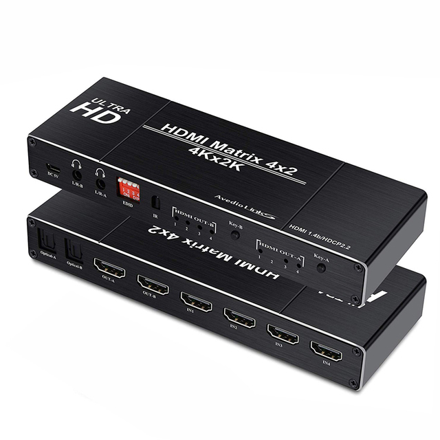 Justlink 4 in 2 Out HDMI Matrix Switch Splitter V1.4 HD 4K 60Hz 3D & Dual Audio Extractor with HDCP2.2 Supports 1080p Resolution