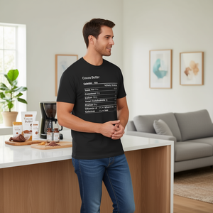 T-shirt promotionnel noir pour homme avec informations nutritionnelles sur le beurre de cacao - Product Image 3