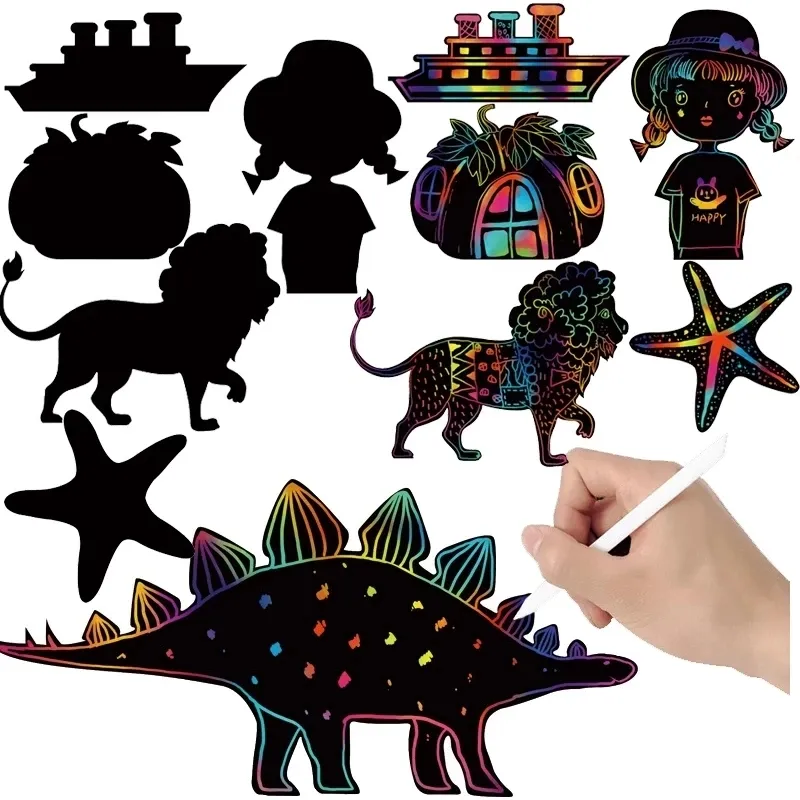 8pcs New Rainbow Cartoon Animal Dinosaur Fruit Car Scratch Art Painting Paper Card kit per bambini giocattoli da disegno fai da te colore magico