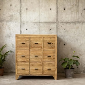 Cómoda Antigua de Teca con 9 Cajones Hechos a Mano y Patas Cónicas, Cajonera de Madera Reciclada con Textura Envejecida para Dormitorio - Product Image 2