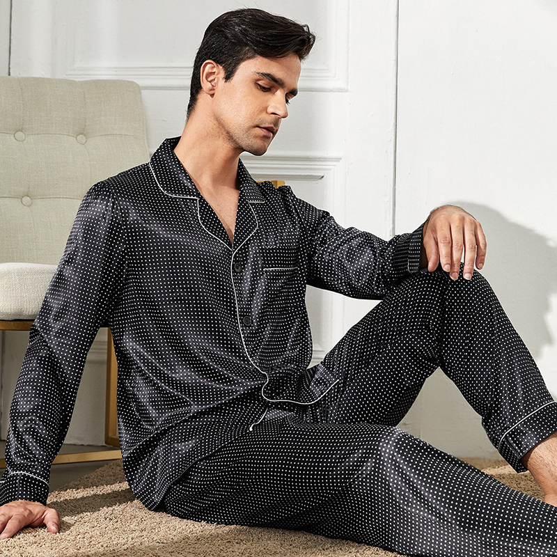 Autumn long sleeve long pants set turn-collar sleepwear set printed silky satin mens pajama sets