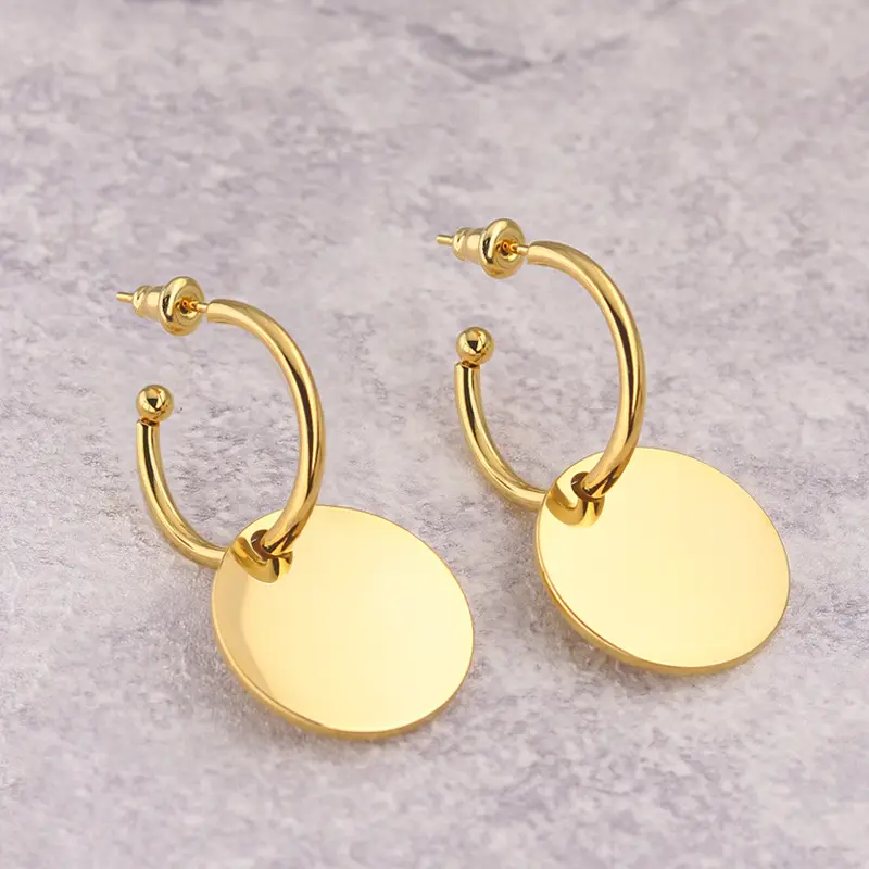 Stainless Steel Hoop Earrings 14K Gold Polished Coin Dangle Custom Letter Logo Earrings Jewelry For Women