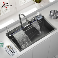 Haute qualité moderne numérique 304 acier inoxydable carré Double évier de cuisine panier de vidange fonction cascade compteur à un trou