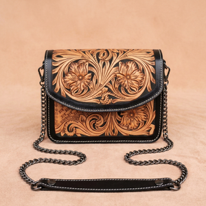 Sac bandoulière portable en cuir véritable, motif floral géométrique, style bohème vintage, 5 pouces - Product Image 1