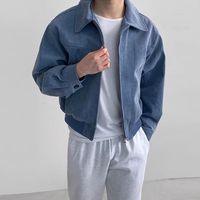 Blouson Bomber Homme Style Coréen Printemps-Automne Vintage en Polyester Délavé, Coupe Ample, Col Rabattu, Fermeture Éclair, Imprimé Décoloré
