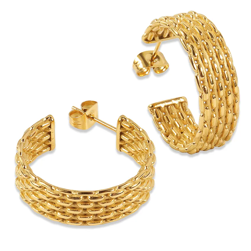 Minos Hypoallergenic Jewelry Wide Band Hoop Earrings Stainless Steel 18k Gold Plated Water Resistant Mesh Chain Hoop Earrings