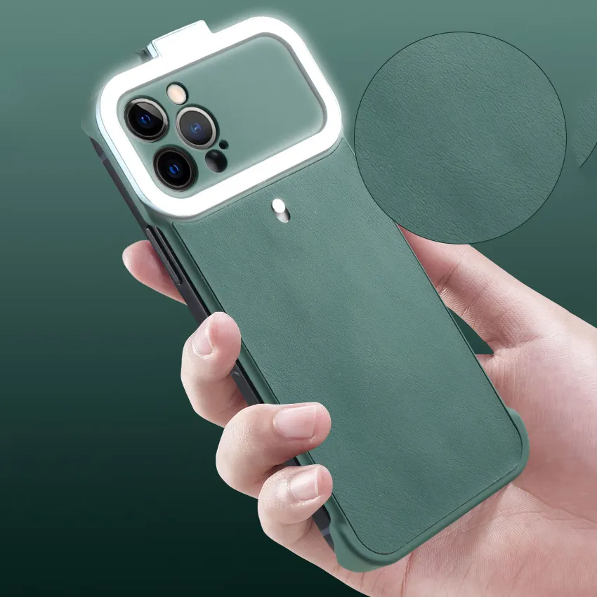 Kablosuz şarj kare selfie flaş makyaj flip led halka ışık kamera telefon iphone için kılıf iphone için kılıf 12 vaka