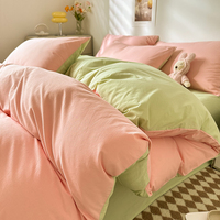 Parure de Lit Uni Tendance en Coton Lavé Quatre Pièces Housse de Couette Drap Plat et Taies d'Oreiller Douce et Agréable pour la Peau Maison Hôtel