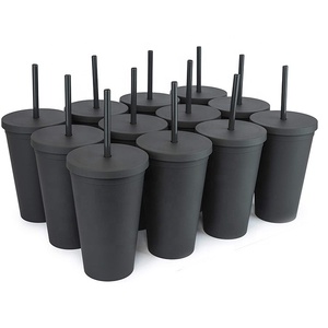 Vasos de plástico <span class=keywords><strong>mate</strong></span> de doble pared, vasos negros con tapas y pajitas, sin BPA, 16oz - Product Image 1