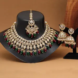 Conjunto de collar Kundan DE BODA pesado de joyería india de moda de diseñador exclusivo con pendientes colección maangtikka para niña