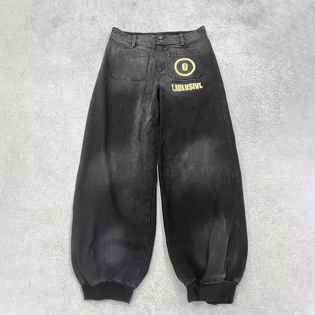 Custom Acid Wash Baggy Joggers Men's Streetwear Graphic Print Heavyweight Denim Pants Retro Distressed Hip Hop Loose Trousers