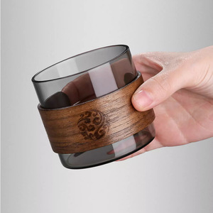 Juego de tazas de té de madera negra translúcida con forma cilíndrica y borde de madera para té de la tarde, estilo simple, 6 piezas - Product Image 2