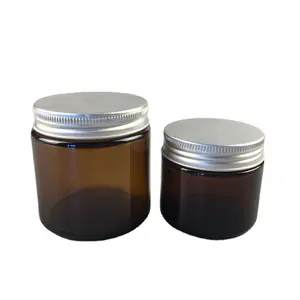 Custom Empty 50g 100g YB Round Amber Glass Jars With Silver Black Gold Aluminum Screw Lid