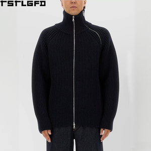Cut And Sew Wool Mock Neck Full <b>Zip</b> <b>Up</b> <b>Jacket</b> Men Heavyweight Knit Jumper Men'S Outerwear Sets Clothing Manufacturers Bulk - Product Image 2