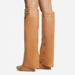 Botas Largas de Invierno para Mujer Shark Lock con Punta Puntiaguda, Tacón Alto de Cuña, Diseño Superpuesto, Estilo Pantalón, Botines Personalizados hasta la Rodilla, Antideslizantes - Product Image 5