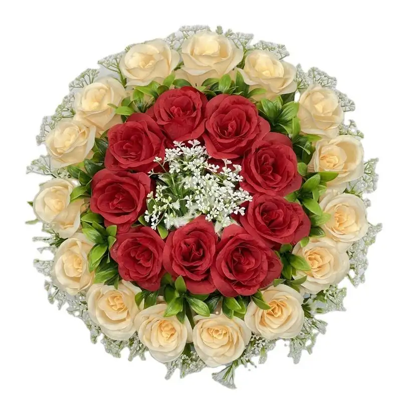 YP001 Wholesale Artificial Flowers Yellow Red Roses Flower Wreaths With Leaves Base Medium Disc Wedding Outdoor Decoration