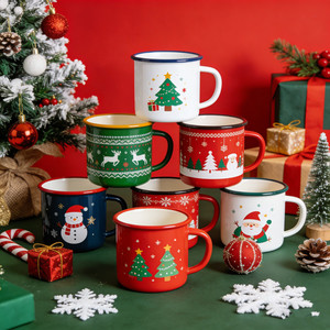 Wholesale Classic Christmas Promotion Gifts Design Red Green Custom Logo Water Beer Wine Juice Drink Enamel Coffee Cup Mugs