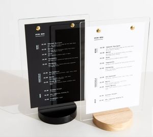 Soporte de menú de mesa de acrílico con base de madera o acrílico, soporte de mesa de plástico con grabado de logotipo, soporte de señal personalizado - Product Image 1
