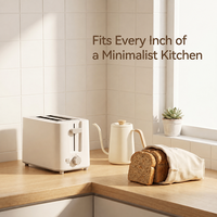 Grille-pain compact minimaliste blanc à commande mécanique, deux fentes extra larges, pour un grillage rapide, idéal pour les cuisines d'appartement