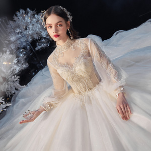 Elegant Bridal Wedding Dress Ball Gown High Neck Long Sleeve Tulle Empire Waist Vintage Style With Train - Product Image 3