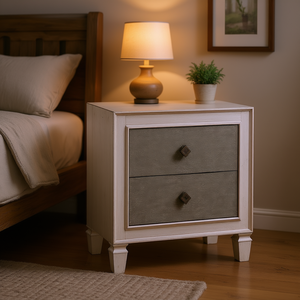 Comodino Rustico Grigio e Bianco Anticato a 2 Cassetti con Piano in Legno e Finitura Anticata per Camera da Letto - Product Image 2