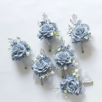 Élégant ensemble de boutonnières de mariage bleu poussière pour le marié et les garçons d'honneur, fleur en soie bleu acier, épingle à fleurs, feuillage argenté, Pro Hub Art Set