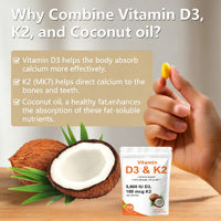 Cápsulas Blandas de Vitamina D3K2 en Oferta, Vitamina D3 10,000 UI + K2 MK-7 200 Mcg, 300 Cápsulas Blandas, Apoyo Inmunológico y Cardíaco con Aceite de Coco
