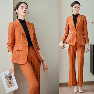 Women's Orange Striped Suit Set With Fitted Waist Anti-Wrinkle Casual Work Wear - Product Image 1