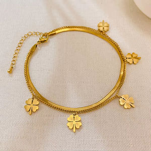 फैशन ज्वेलरी डबल-लेयर स्टेनलेस स्टील चार-पत्ती लटकी हुई महिला के सोने की प्लेटेड टखट - Product Image 2