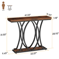 Table console rustique marron avec plateau en bois, structure en métal noir, pieds courbes, table étroite pour entrée, salon, couloir, hall d'entrée