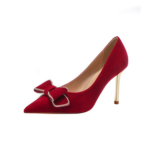 8777H-058 Pointed Toe Suede Pumps <b>Red</b> Stiletto Heel <b>Bow</b> Decoration Bridal Wedding Shoes - Product Image 5