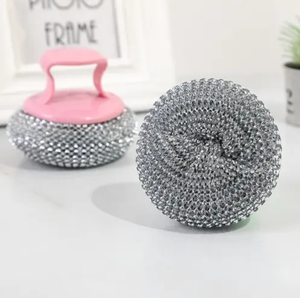 Mango de plástico y cepillo de metal Estropajo de cocina Ollas y sartenes Cepillo de fregado limpio Cepillo de acero giratorio de cocina Bola de malla de PP - Product Image 4