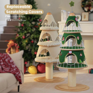 Moderna torre dell'albero del gatto di natale con graffio spesso in legno torre del gatto 3 accoglienti condomini robusta struttura in metallo e sostituibile tappetino morbido - Product Image 1