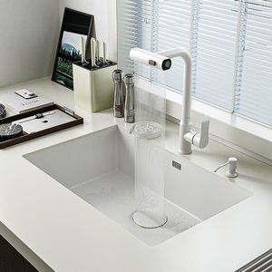 Matte White Nano Stainless Steel Undermount Kitchen Sink with Pull Down Faucet and Glass Rinser Modern Deep Single Bowl Sink - Product Image 3