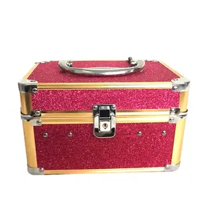 Small Vintage Style Red Aluminum <strong>Makeup</strong> <strong>Box</strong> with Leopard Print Portable Cosmetic Case Featuring Glitter and Mirror for Travel - Product Image 1
