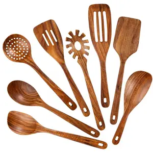 Outils de cuisine de haute qualité accessoires de cuisine en bois d'acacia Turner écumoire cuillère 8 pièces ensemble d'outils de cuisine en bois