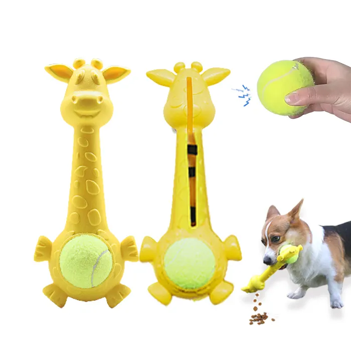 Pet Fornecedor Giraffe Food Leaking Feeder Borracha Food Dispensing Dog Toy Silicone Dog Treat Toy com Squeaky Tennis Ball