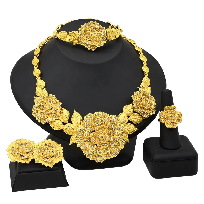 C&J Dubai conjunto de joias de ouro 24K para noivas africanas, colar, pulseira, brincos, anel, conjunto com 4 peças, conjunto de 4 peças